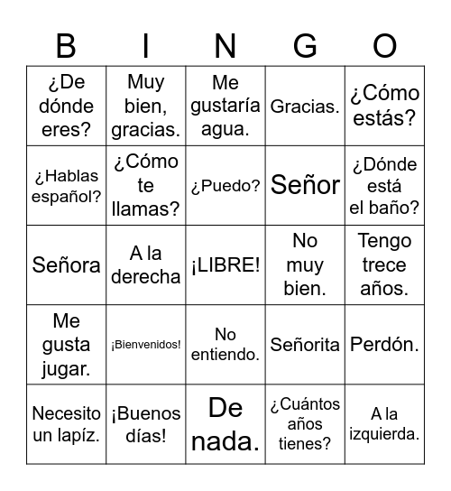 Vocabulario Útil Bingo Card