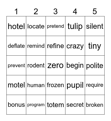 Open & Closed Syllables Bingo Card