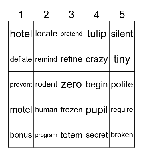 Open & Closed Syllables Bingo Card