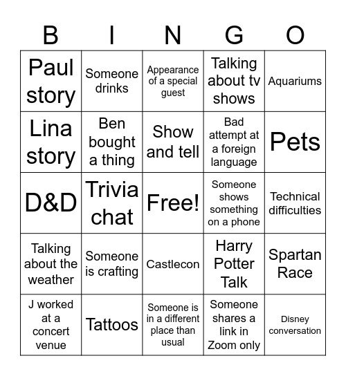 Super Carlin Brothers Hangout Bingo Card