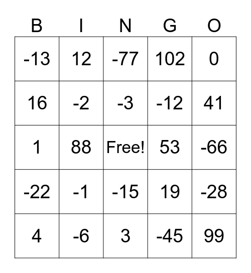 Adding and Subtracting Bingo Card