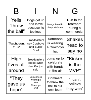 Cowboys Football Bingo Card
