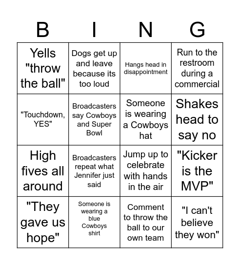 Cowboys Football Bingo Card
