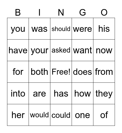 High Frequency Words Bingo Card