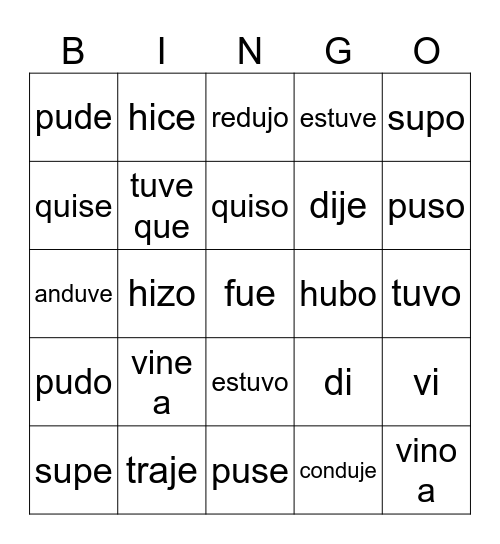 Todo el pretérito irregular Bingo Card