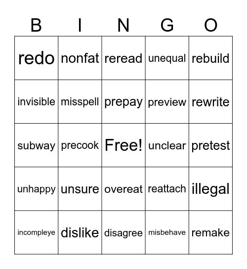 Prefix Bingo II Bingo Card