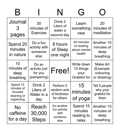 MCI Mental Health Bingo Card