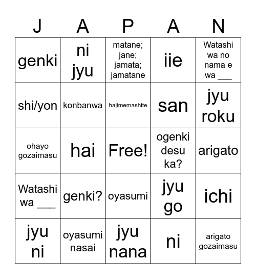 Basic Japanese and numbers 1-20 Bingo Card