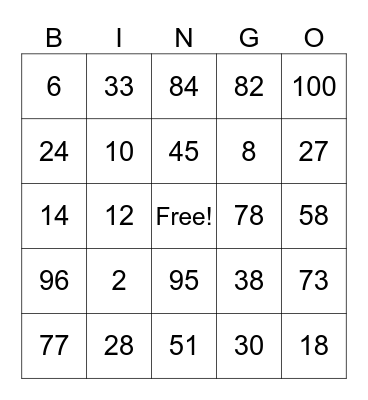 Number Bingo Card