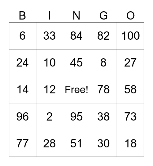 Number Bingo Card