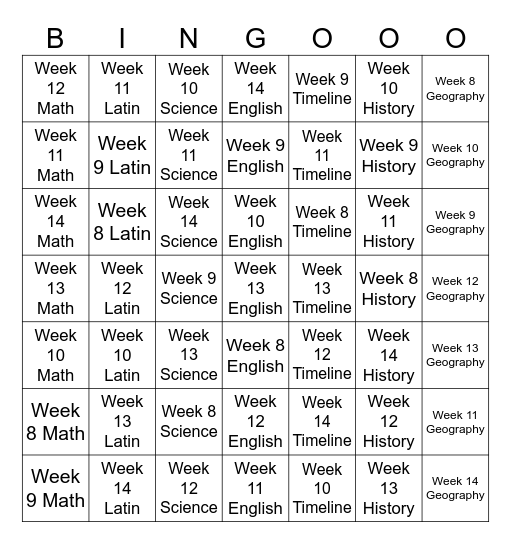 Week 7-14 Bingo Card