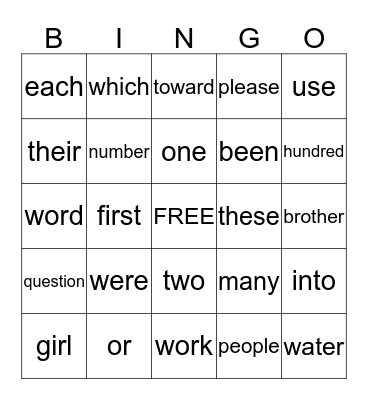 Sight Words Bingo Card