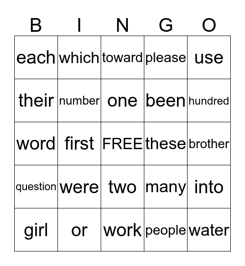 Sight Words Bingo Card
