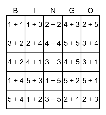 Kindergarten Math Addition Bingo Card