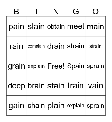 Word family ain Bingo Card
