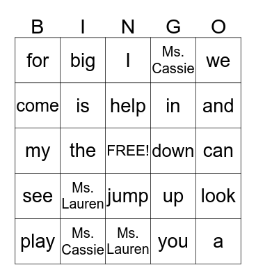 Sight Words Bingo Card