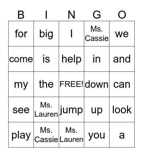 Sight Words Bingo Card
