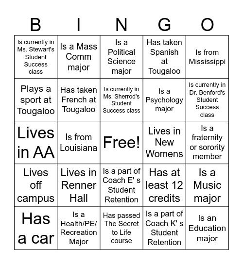 Tougaloo Retention Bingo Card