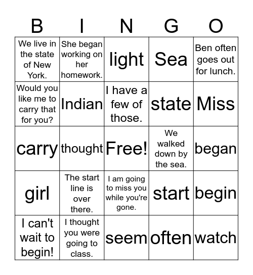 Sight Word/Sentence Bingo Card