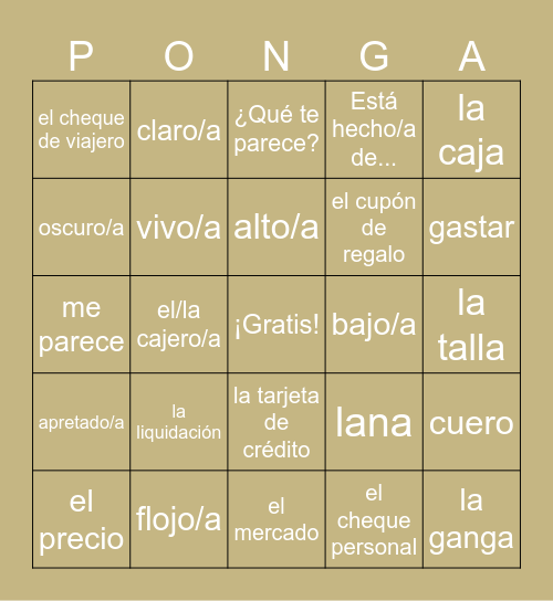 Vocab 2B: ¿Qué ropa compraste? Bingo Card