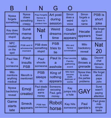 Paul's Angles Bingo Card