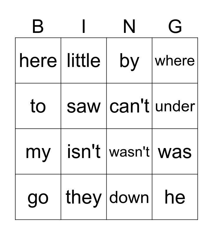 Sight Word Bingo Card