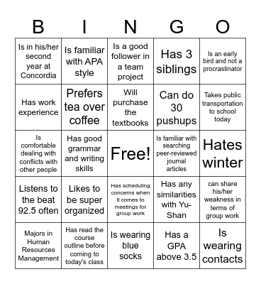 COMM 227 BINGO: Find someone who... Bingo Card