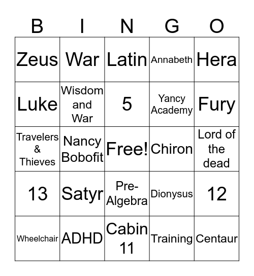 Lightning Thief Ch.1-6 Bingo Card