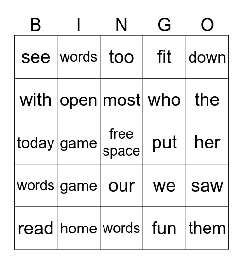 Fun Sight Words Bingo Card