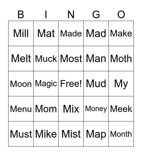 "M" Words Bingo Card