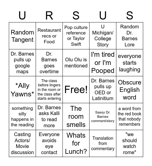 Senior Latin Bingo Card