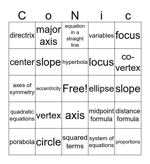 Conic Sections Bingo Card