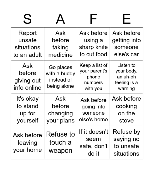Recogize unsafe behavior, refuse, report to an adult Bingo Card