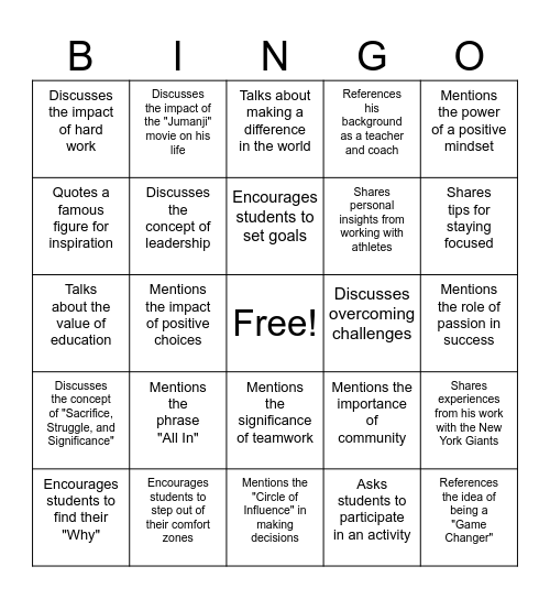 "All In" Assembly Bingo Card