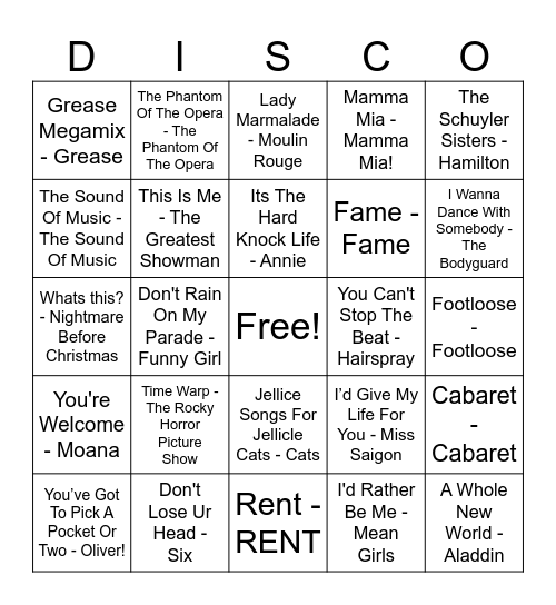 MUSICALS BINGO Card