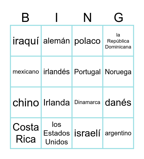 los países y los adjetivos de nacionalidad Bingo Card