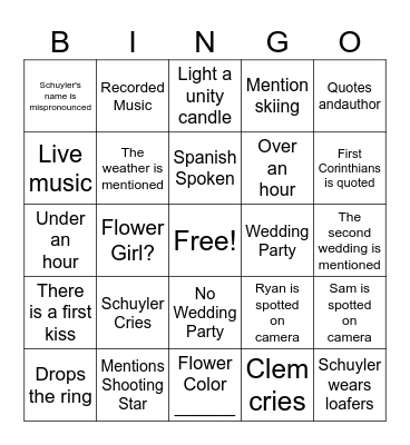 Schuyler's Wedding Bingo Card