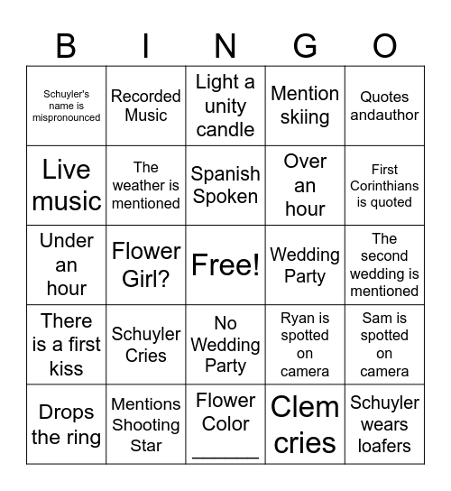 Schuyler's Wedding Bingo Card