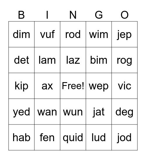 Nonsense Words CVC Bingo Card