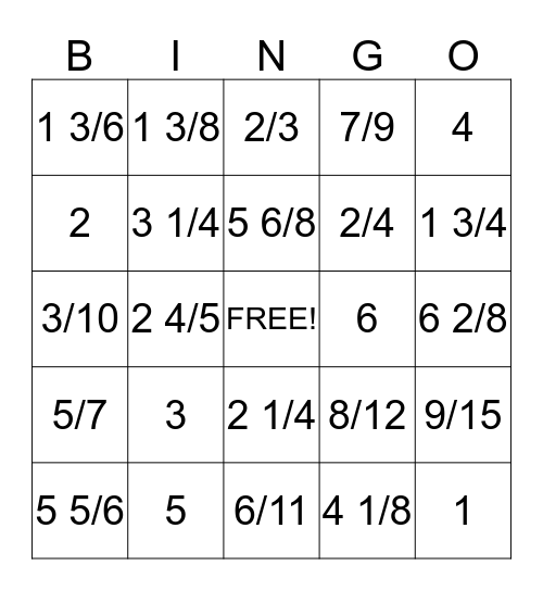 Fraction Bingo Card