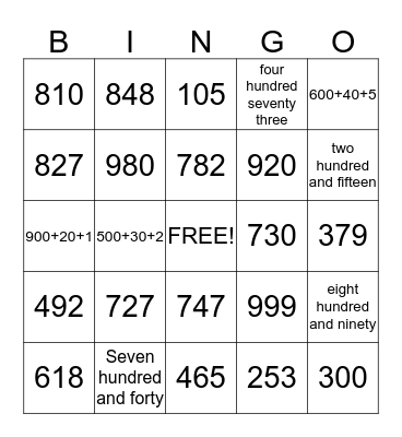 Place Value Bingo Card