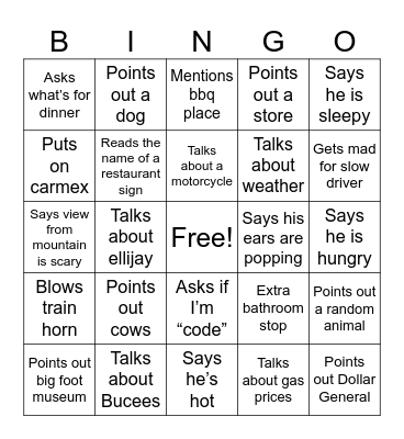 Road trip with Joe BINGO Card