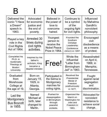 Martin Luther King Jr. Bingo Card