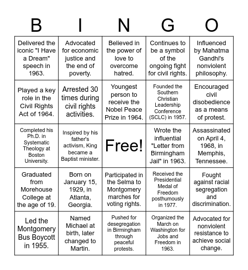 Martin Luther King Jr. Bingo Card