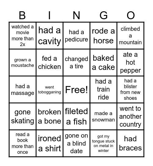I Have....... Bingo Card