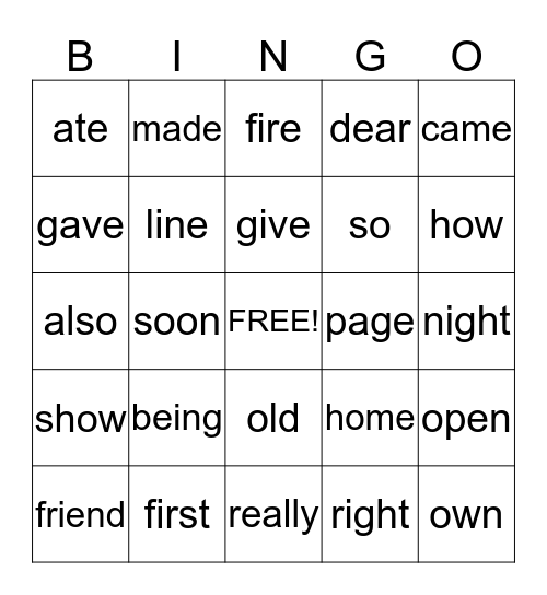 Sight Word Bingo 15- 20 Bingo Card