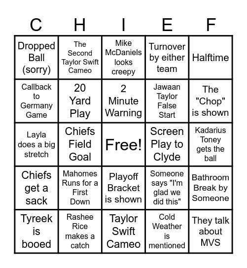 Chiefs Wild Card Bingo Card