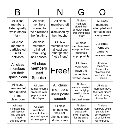 Class Behavior BINGO Card