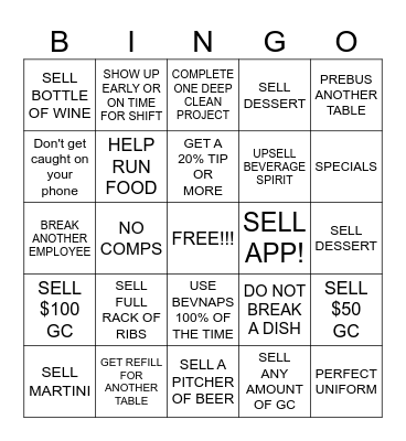 GARAGE SERVER/BAR BINGO Card