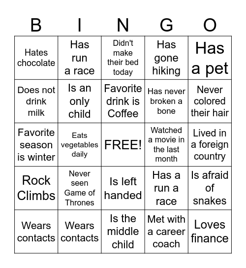 Get to Know You Bingo Card